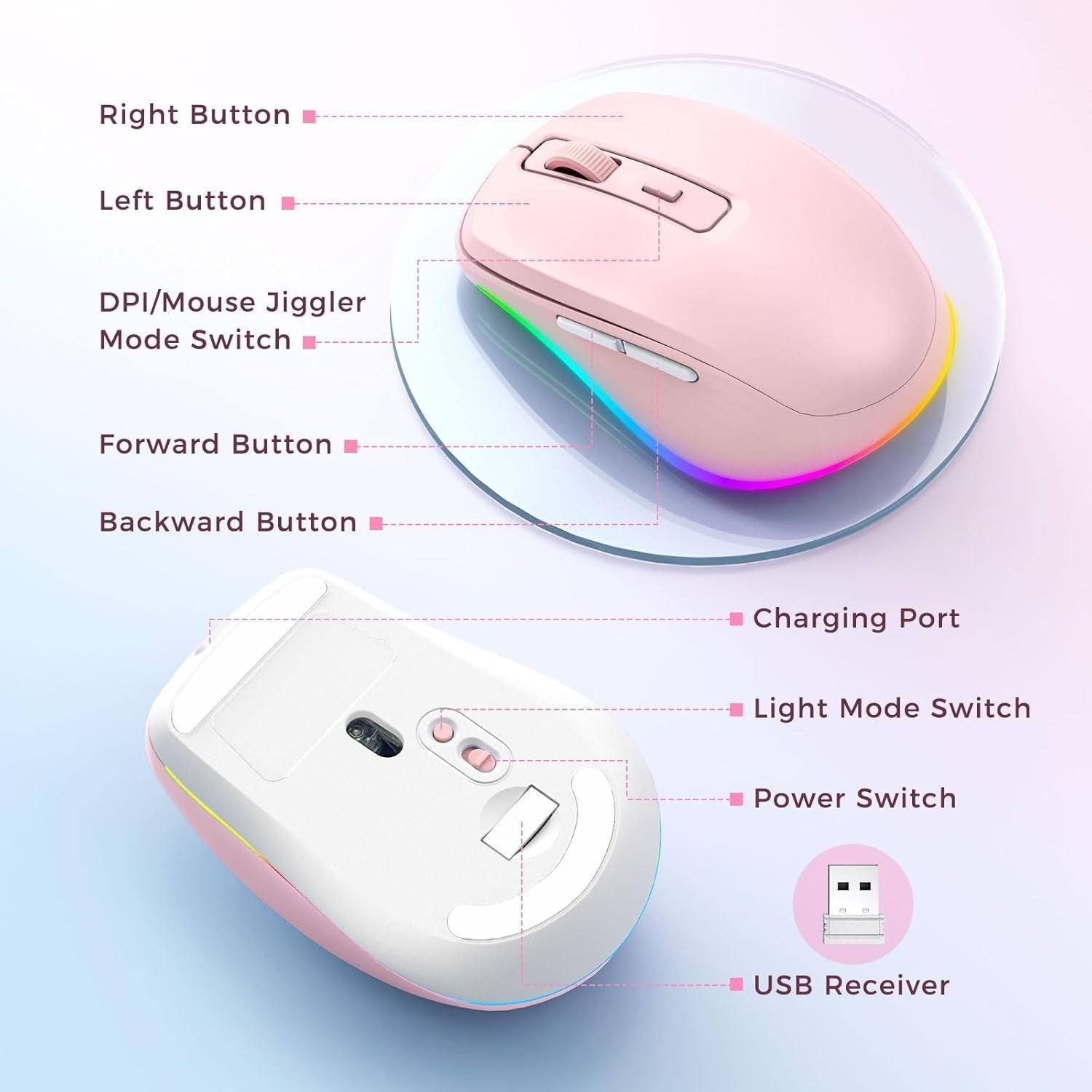Pink RGB Wireless Mouse Rechargeable Silent USB Jiggler Mode
