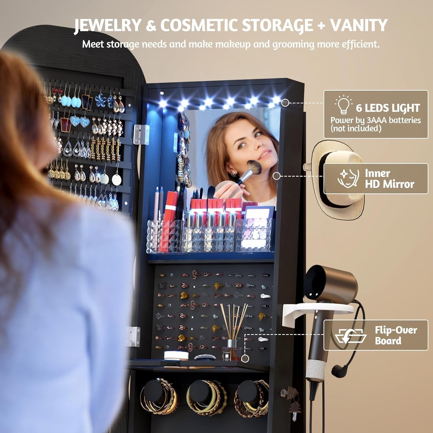 Black LED Rotating Jewellery Cabinet Lockable Wavy Mirror Organizer