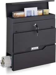 Wall Mounted Lockable Mailbox Black Steel Rainproof Slot Newspaper Tube