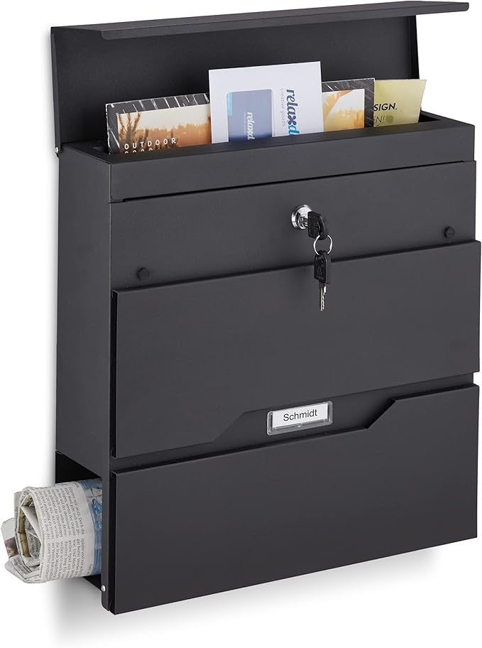 Wall Mounted Lockable Mailbox Black Steel Rainproof Slot Newspaper Tube