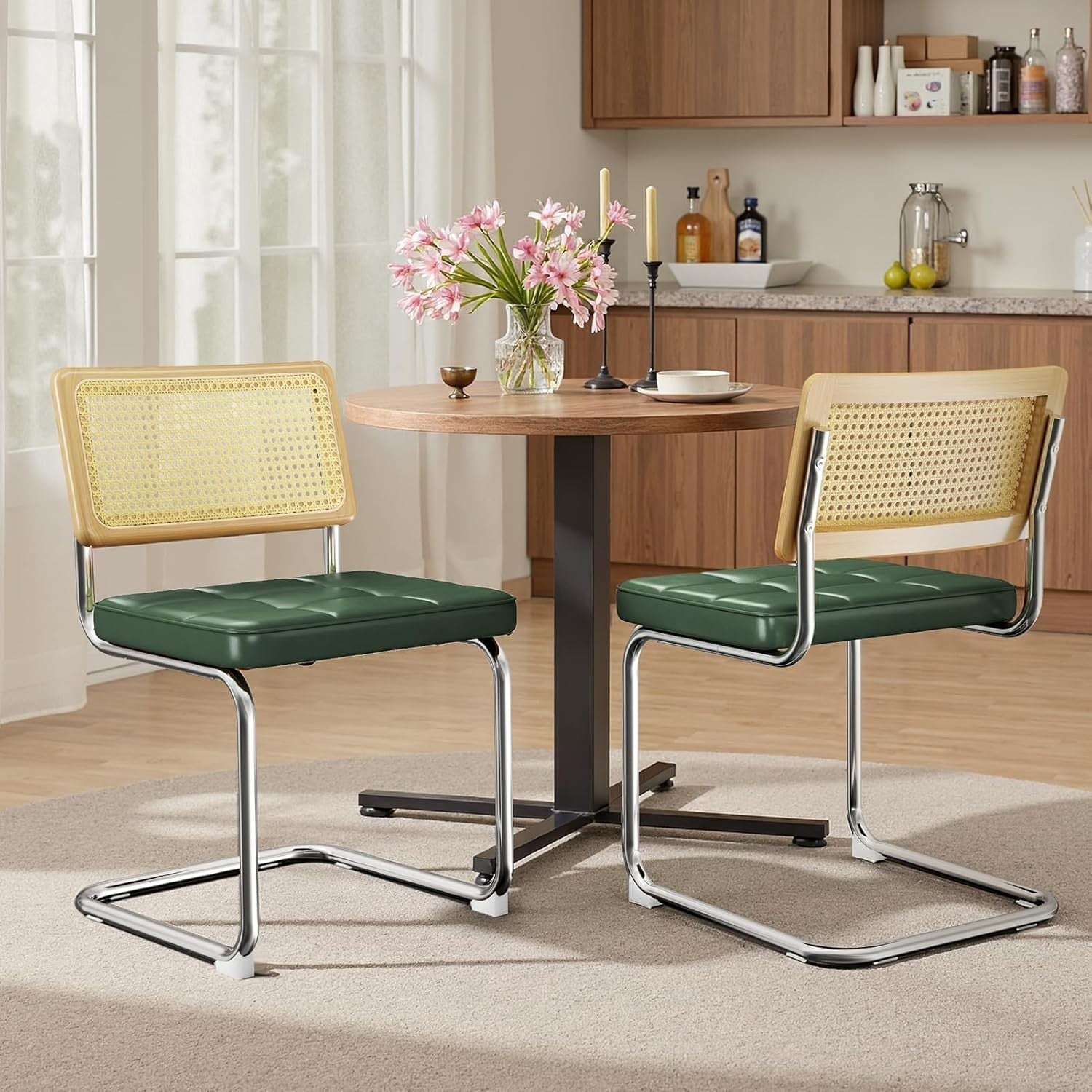 Green Dining Chairs Set of 4 Upholstered Rattan Back Modern Kitchen Chairs