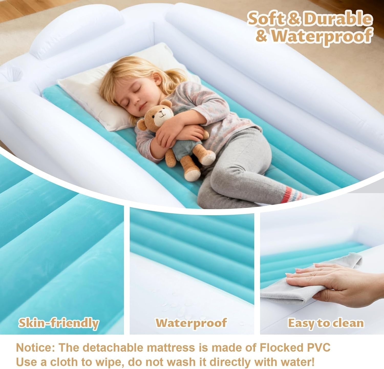 Inflatable Toddler Travel Bed 63” Kids Air Mattress with Bumpers