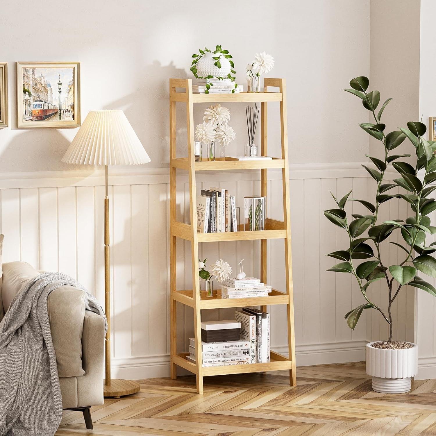 Natural Bamboo 5-Tier Ladder Bookcase, Tall Narrow Display Storage Shelf