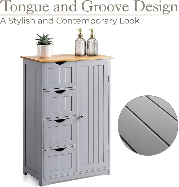 Wooden Grey Bathroom Cabinet with 4 Drawers & Shelf – Bamboo Top Storage