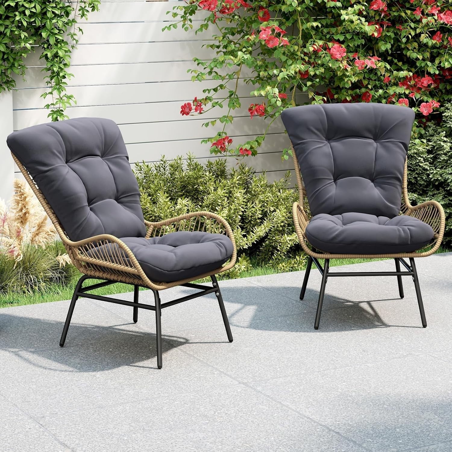 Cushioned Rattan Garden Armchair Lounge Seat Metal Frame Patio Balcony