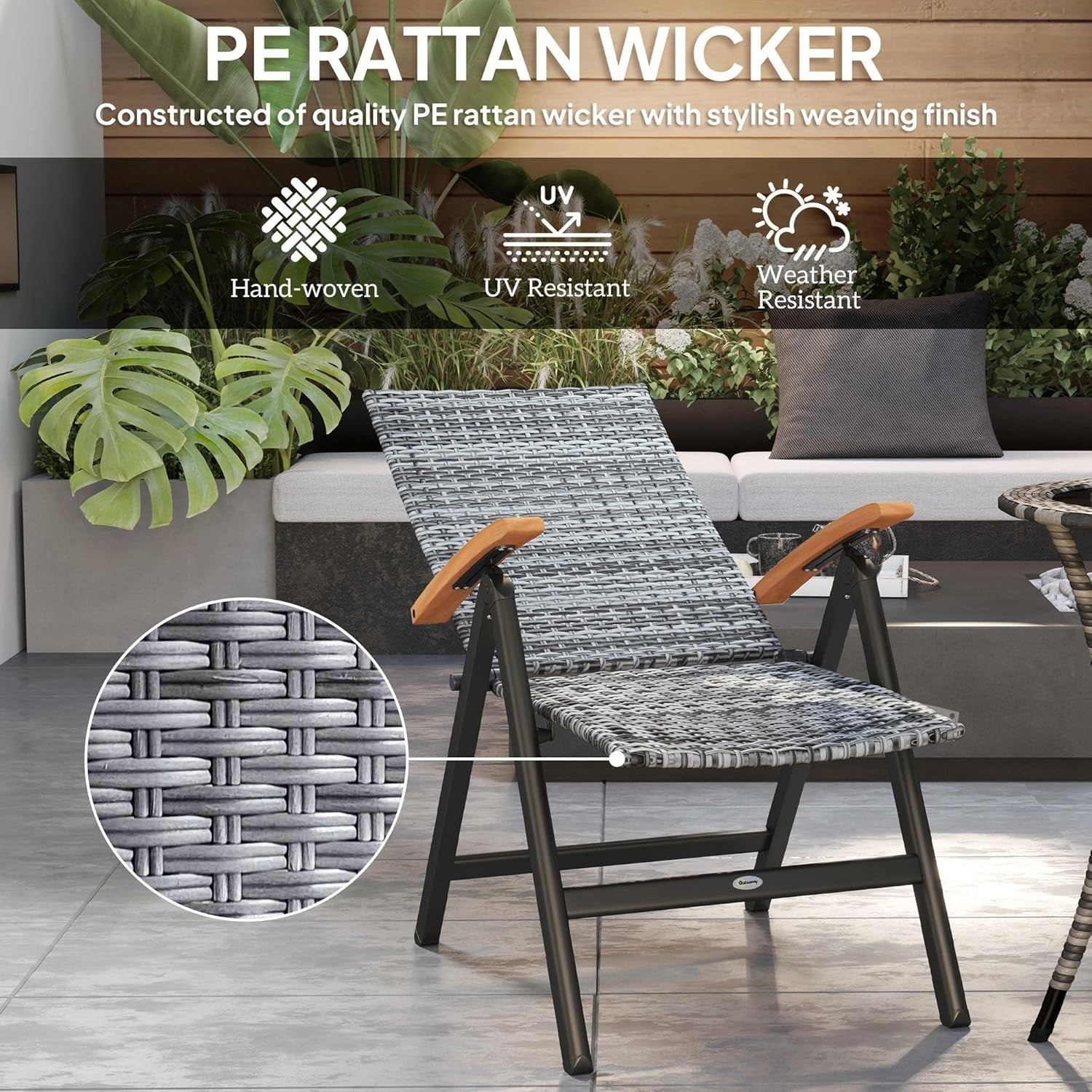 Light Grey Folding Recliner Chair High Back Rattan Patio Garden Seat