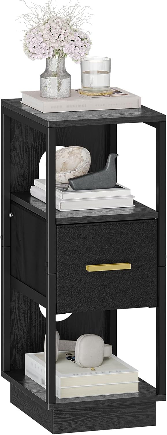 Slim Black Bedside Table with Fabric Drawer – Modern Narrow Nightstand with Shel