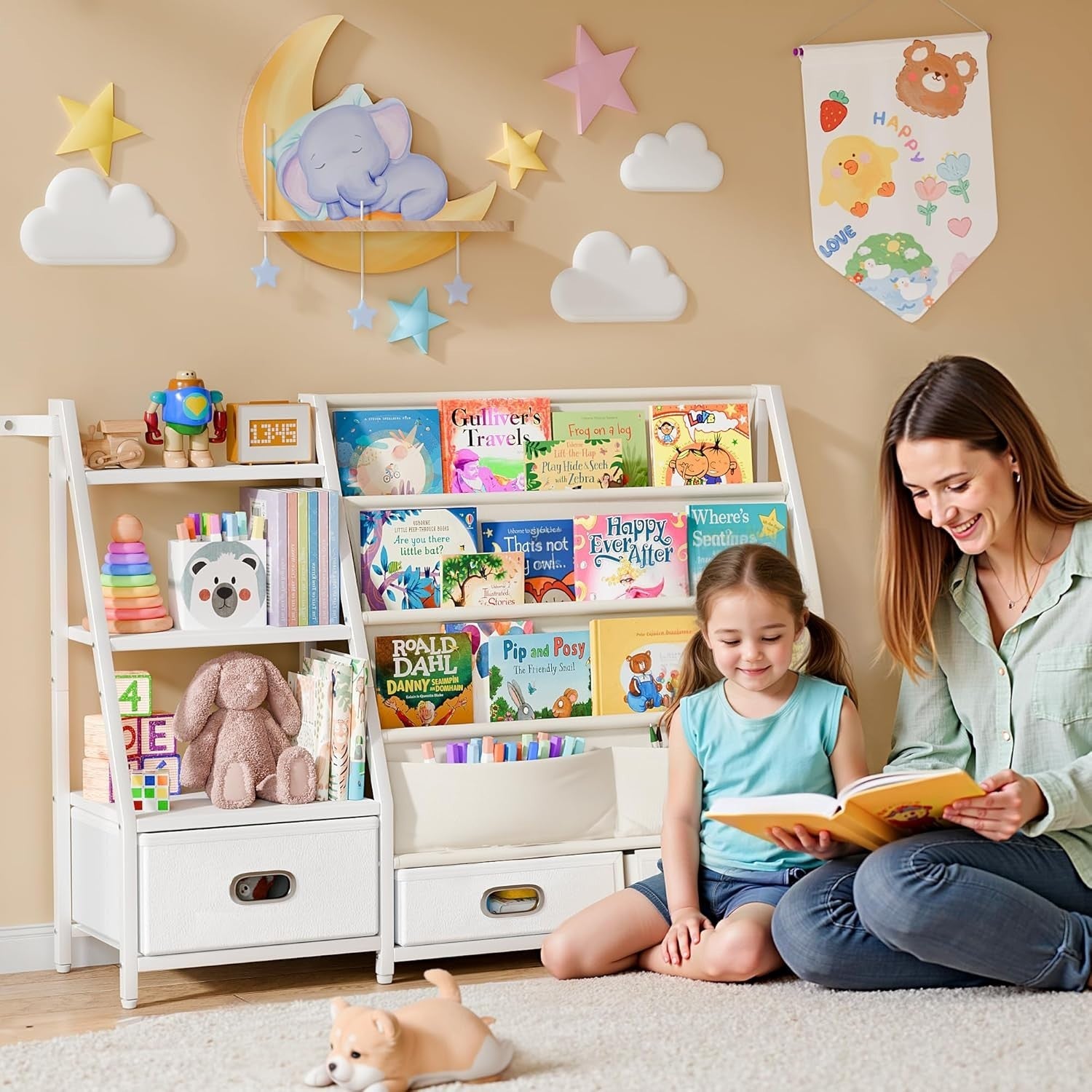 3-Tier Kids Bookshelf with 3 Drawers Toddler Toy Storage Organizer
