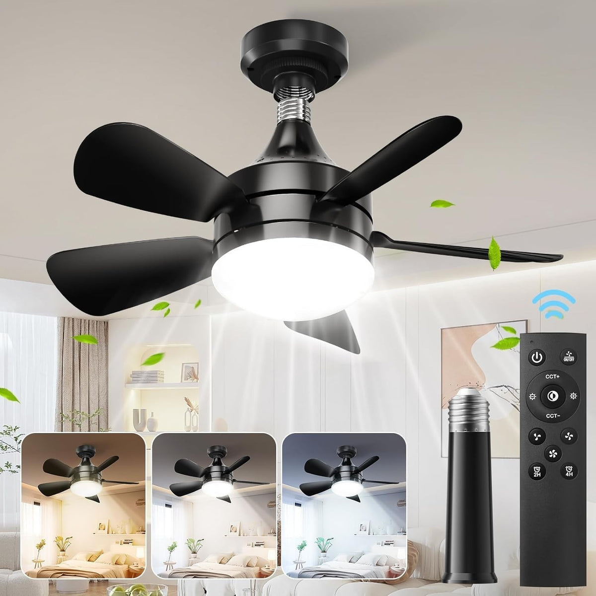 BOBOPAI Small Ceiling Fan with Light, 3 Retractable Blades, Dimmable LED