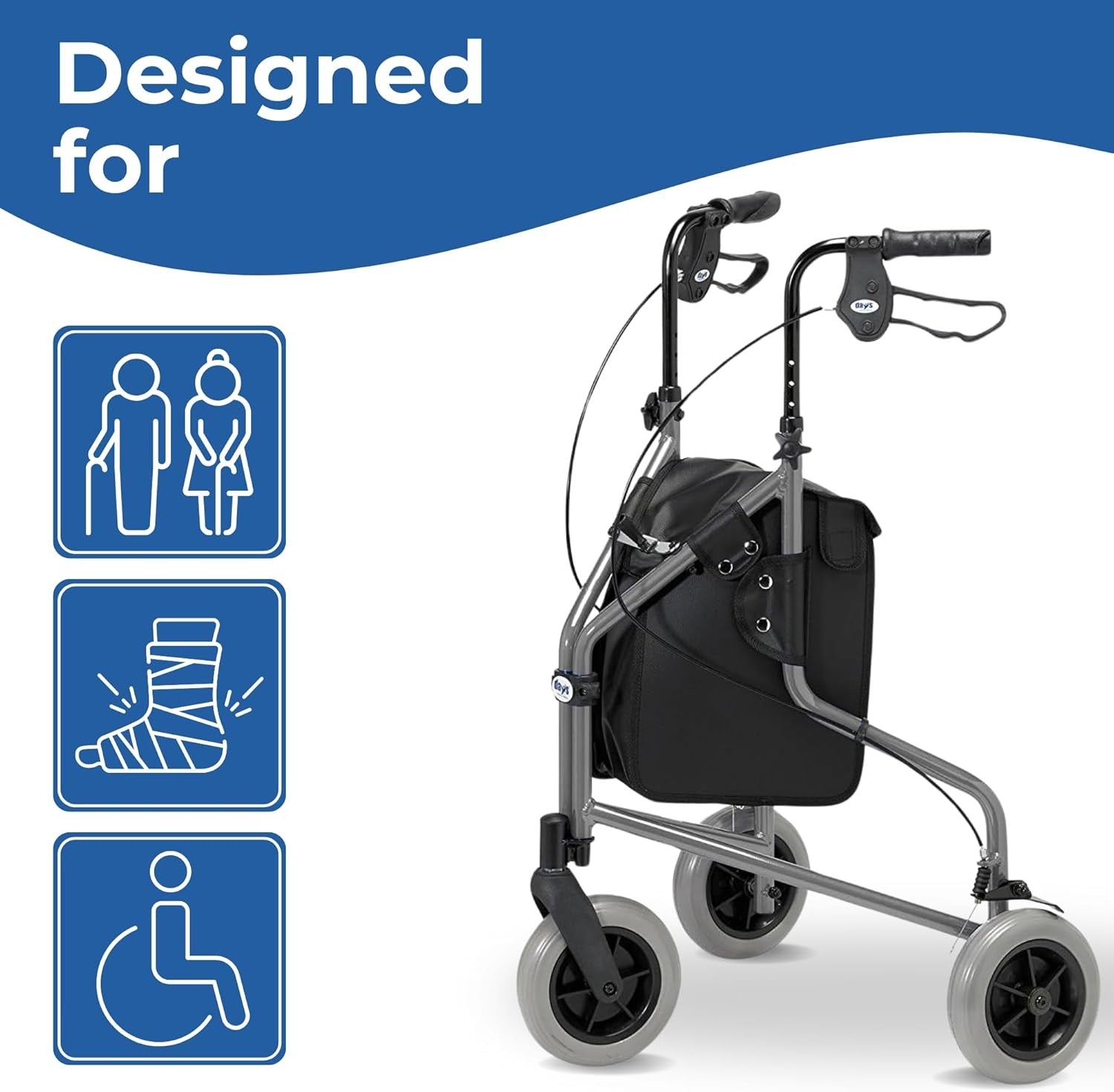 Lightweight Tri Wheel Rollator Walker Adjustable Height Brakes Carry Bag