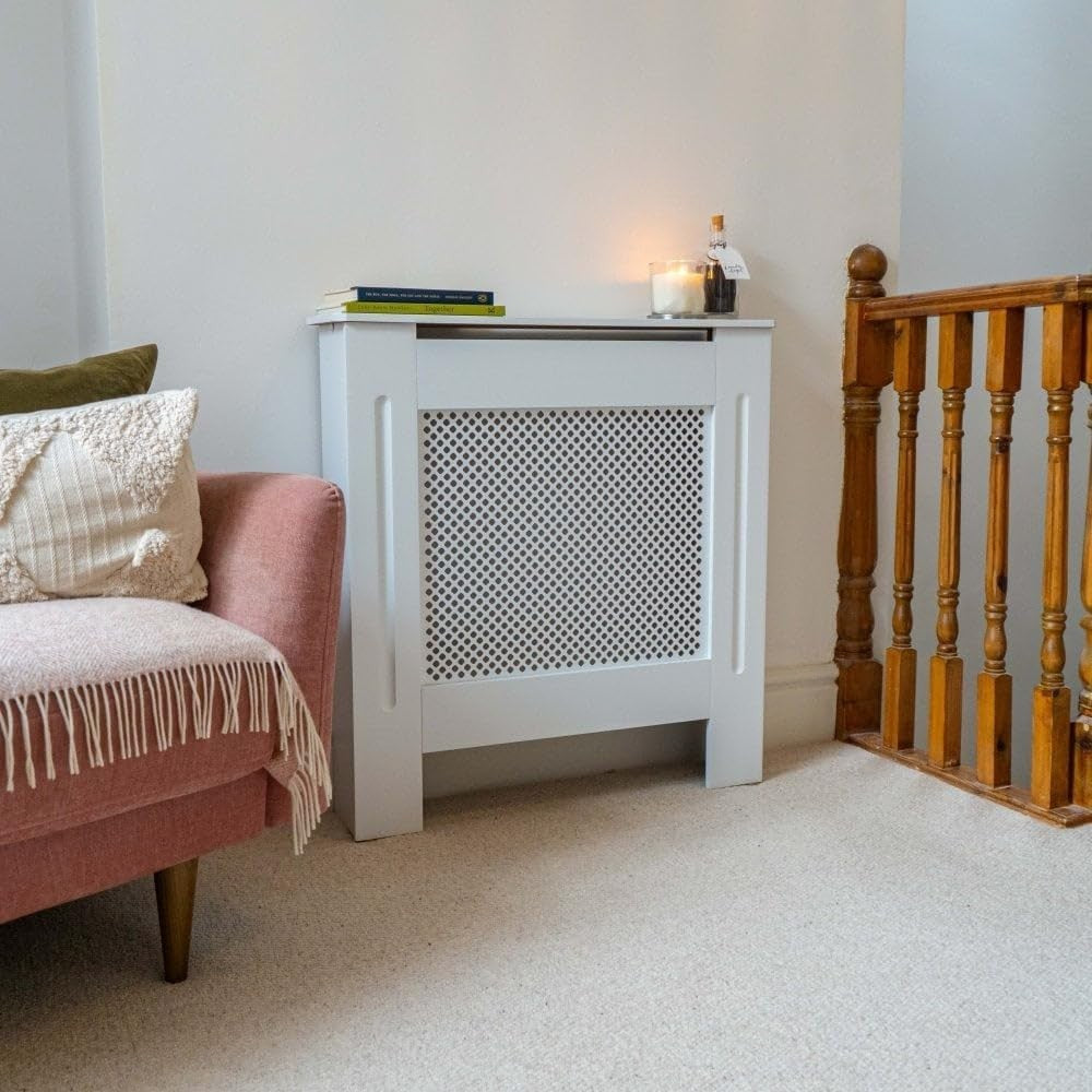 White MDF Radiator Cover Mini | Traditional Diamond Slat Cabinet