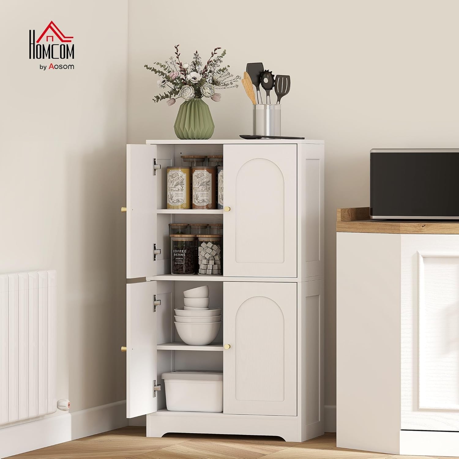 White 4 Door Kitchen Cupboard Freestanding Cabinet with Adjustable Shelves 110cm