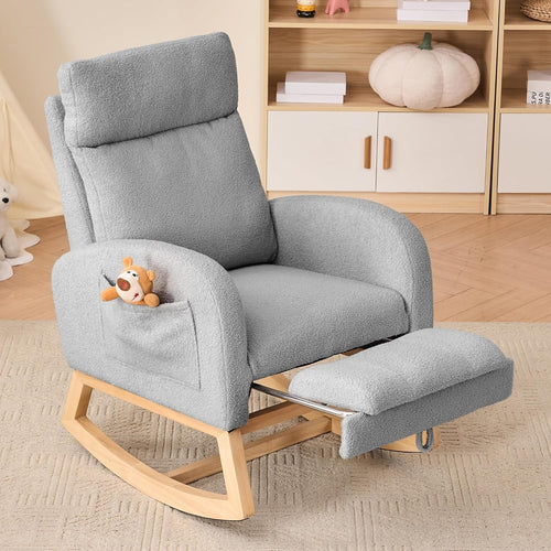 Rocking Chair w/ Footrest & Side Pocket, Comfy Teddy Fabric, Ergonomic Seat