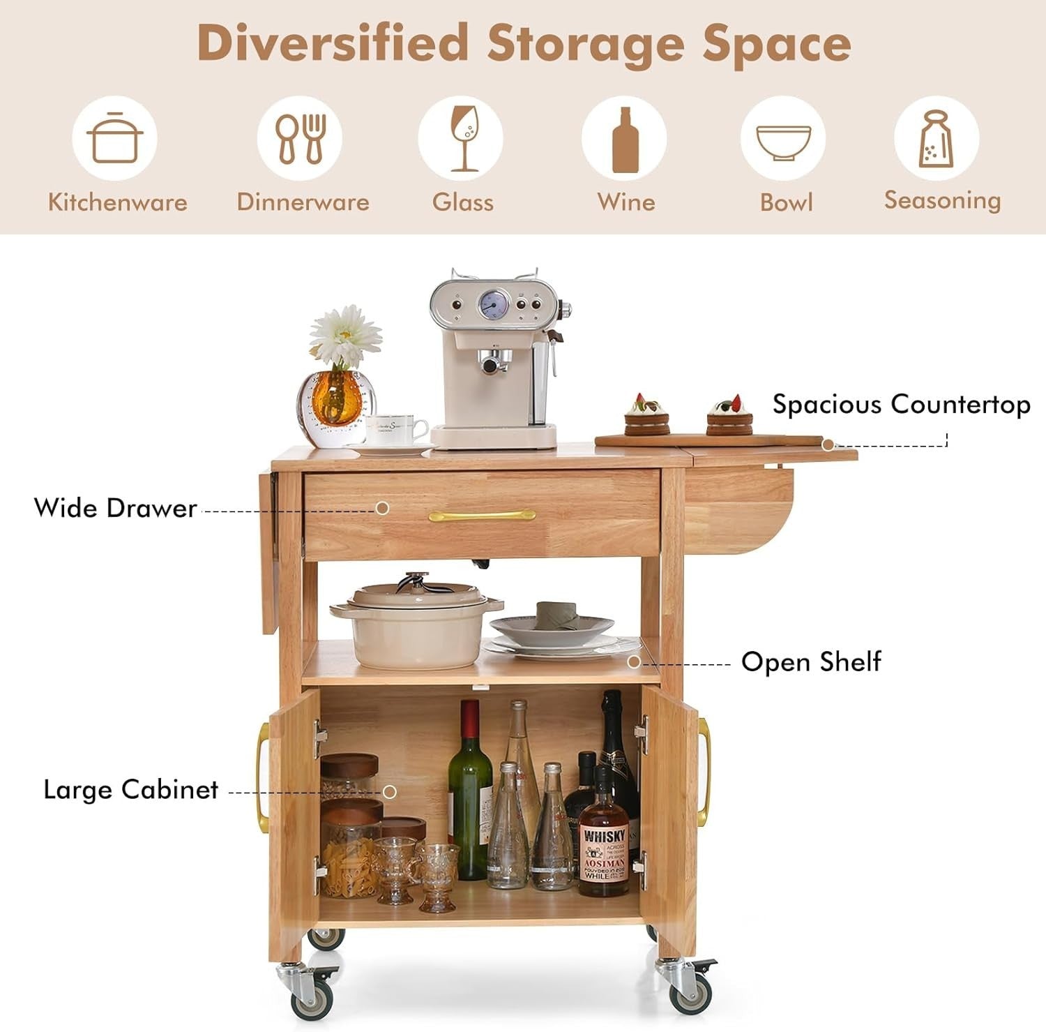 114cm Drop Leaf Kitchen Island Cart Cabinet