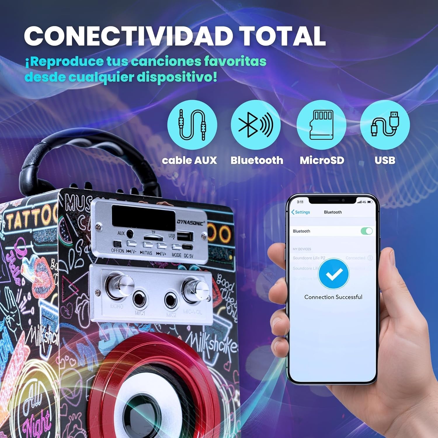 Blue Dynasonic Karaoke Machine 2 Mics Bluetooth LED Lights Portable