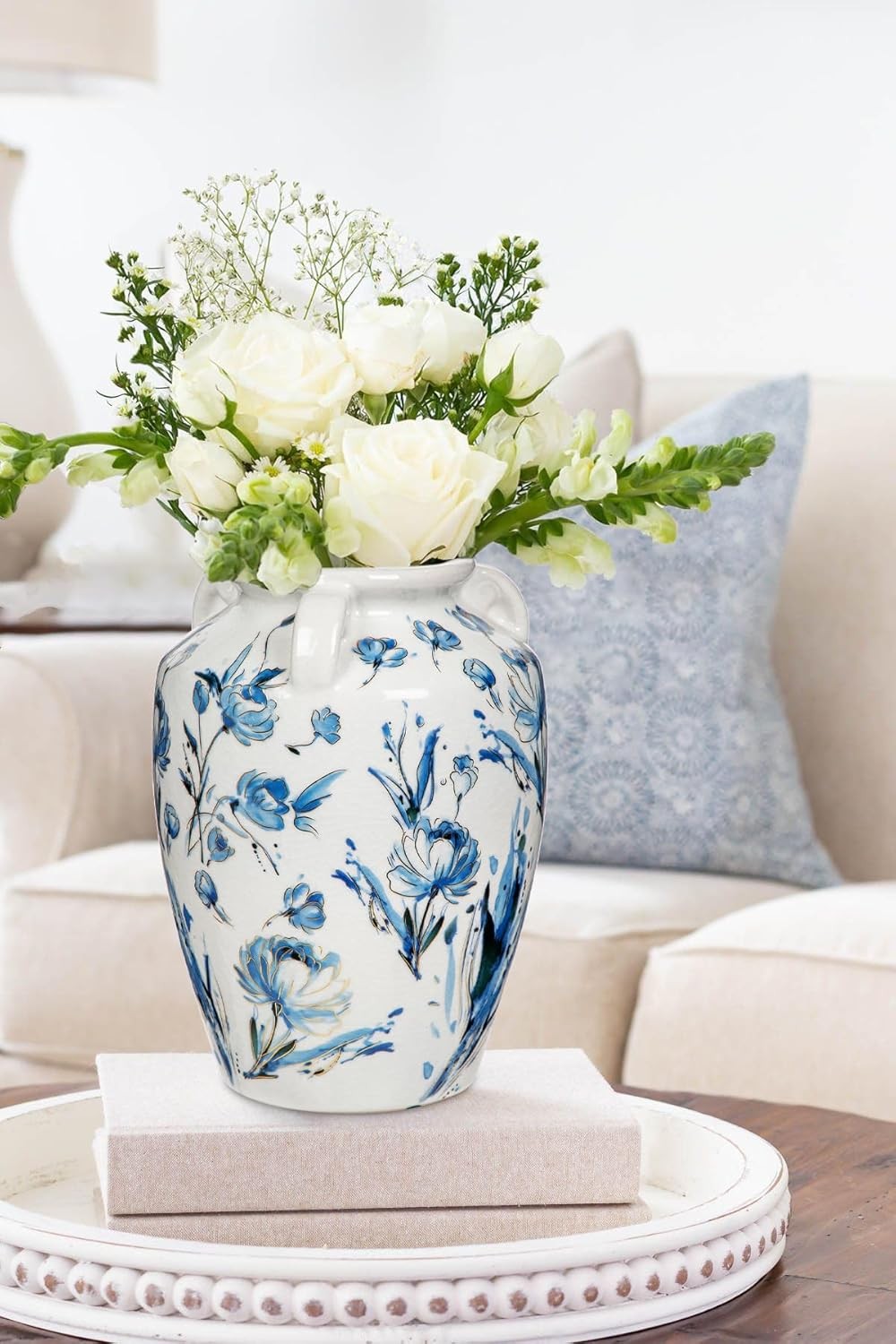 Ceramic Flower Vase Blue White Rustic Farmhouse Decor Table Floor Jar Vase