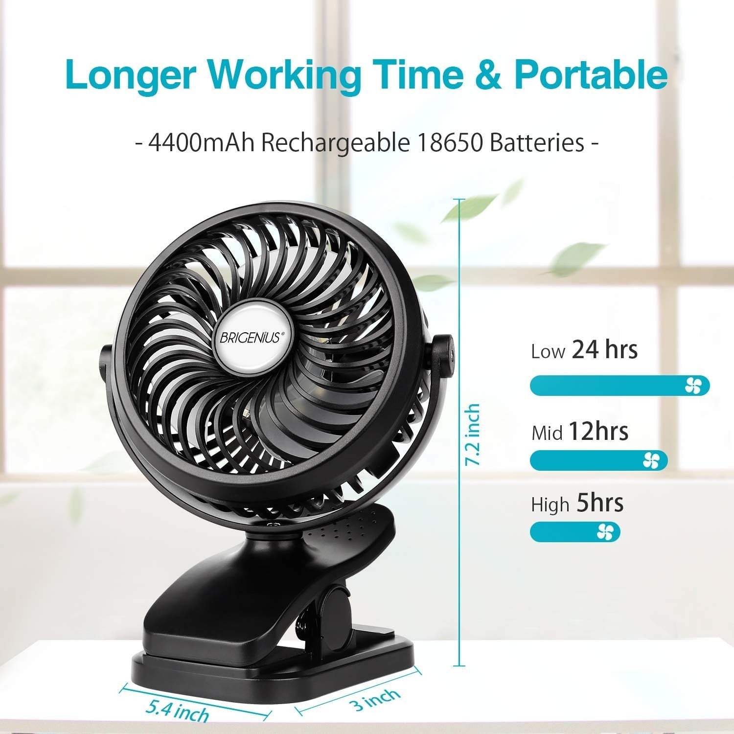 Clip-On Camping Fan – Rechargeable Desk Fan w/ LED Light 3 Speeds Portable Black