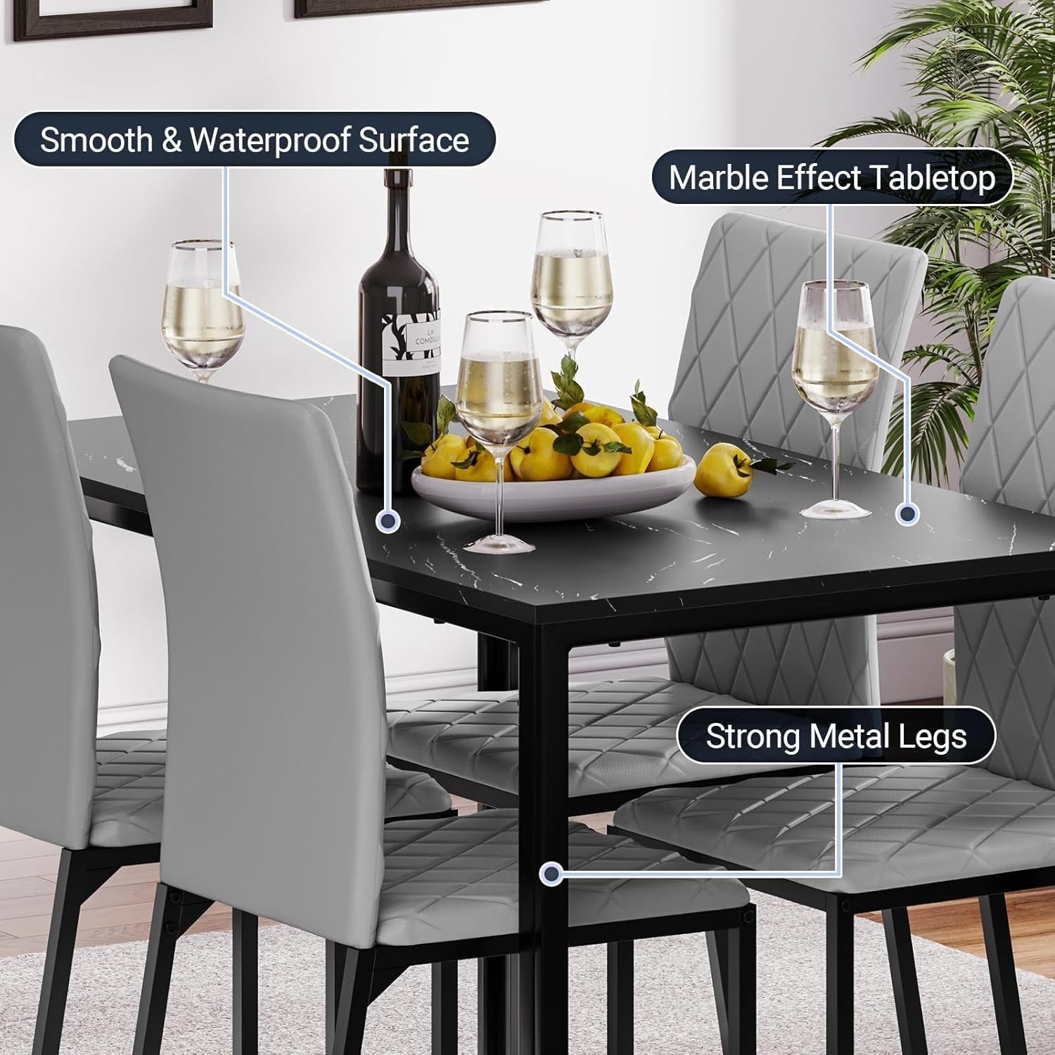 Modern Marble Effect Dining Table Set 4 PU Leather Chairs Kitchen Grey
