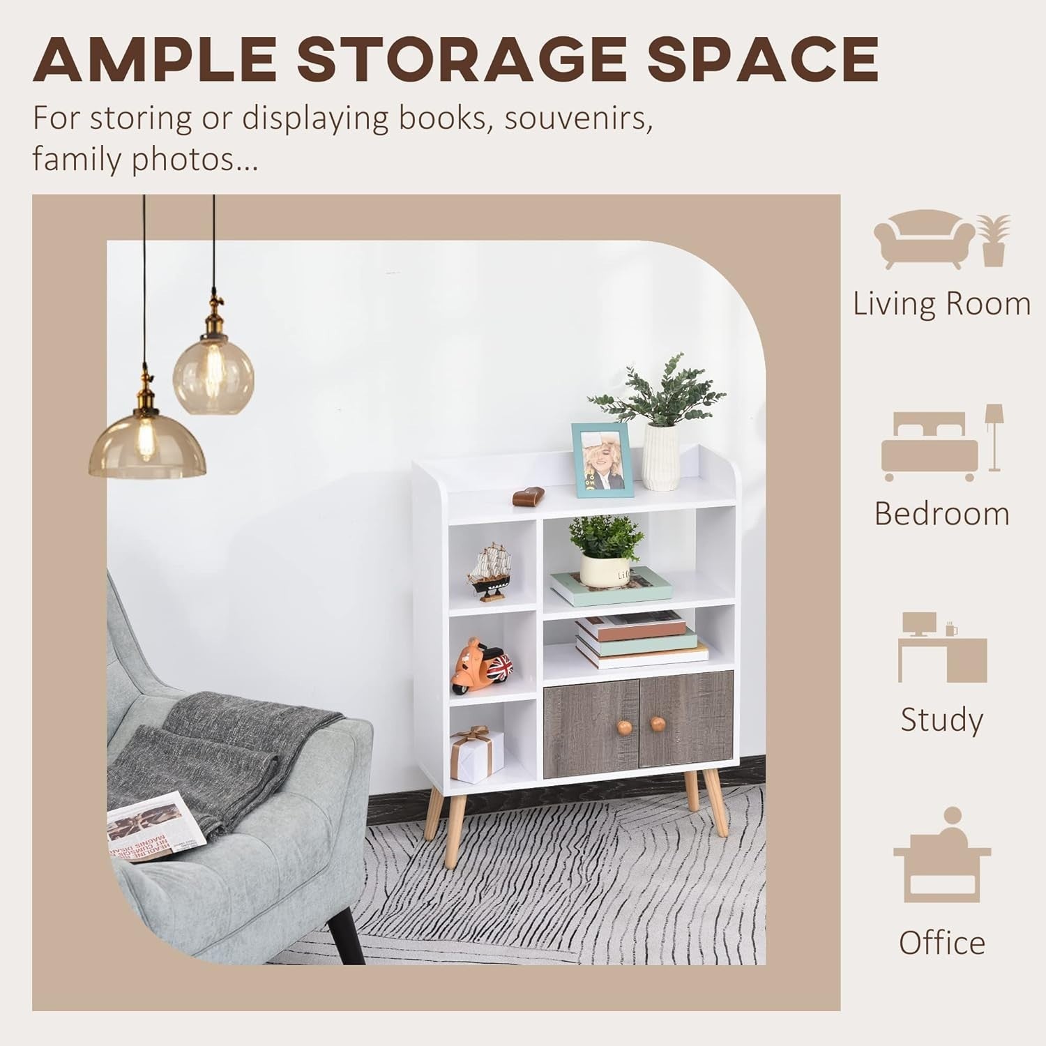 Modern 6-Shelf White & Grey Bookcase with Storage Cabinet | 91cm High