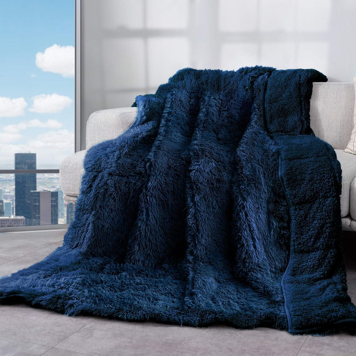 15lbs Weighted Blanket Navy Blue 48x72" Faux Fur & Sherpa Cozy Warm