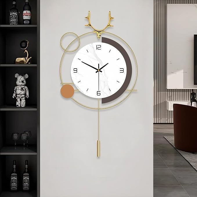 Modern Deer Pendulum Wall Clock 25in Large Silent Quartz Metal Home Decor