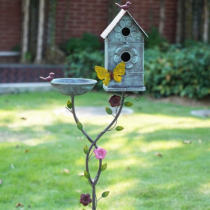 57" Metal Bird Bath & Birdhouse Combo – Outdoor Garden Decor 2-in-1 Feeder