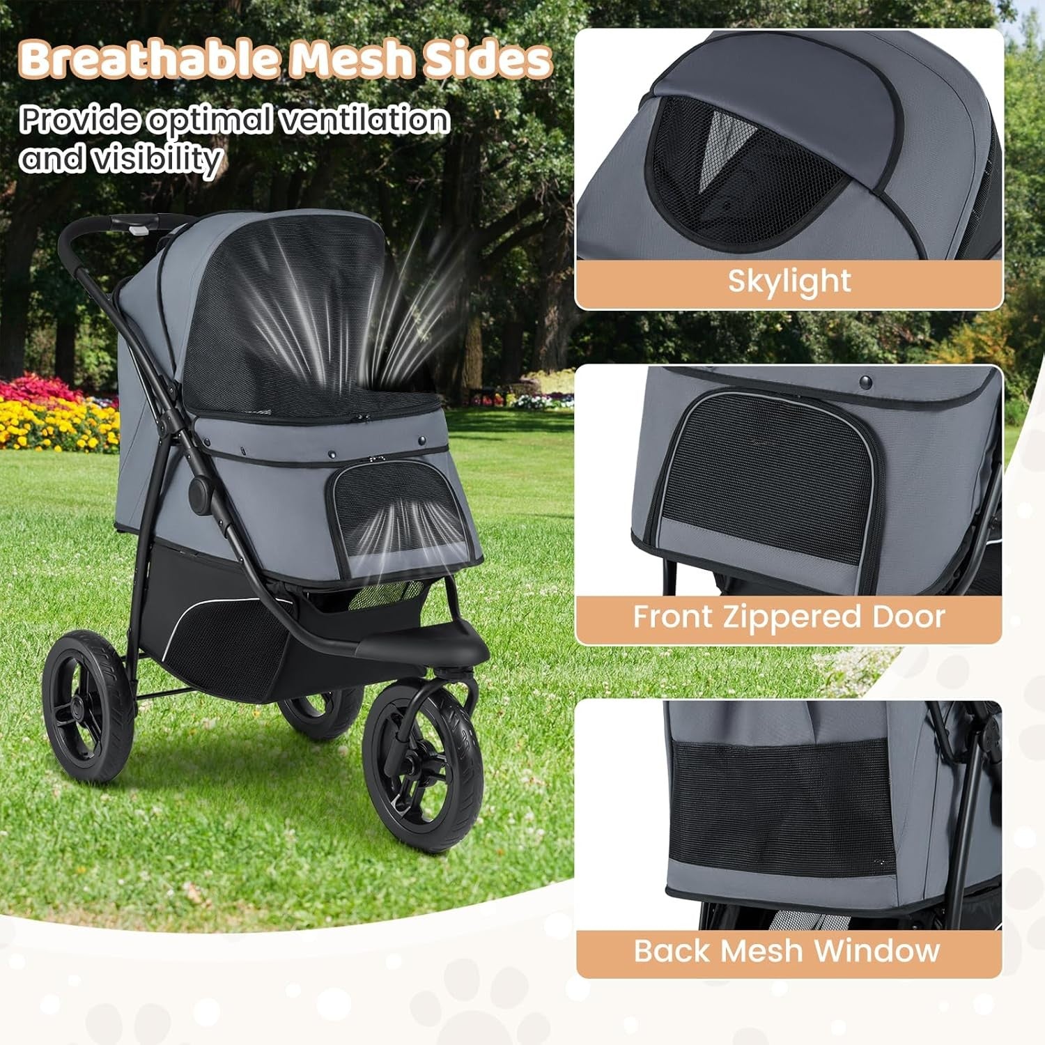 3 Wheel Pet Stroller for Small Medium Dogs Cats Foldable Travel Pushchair
