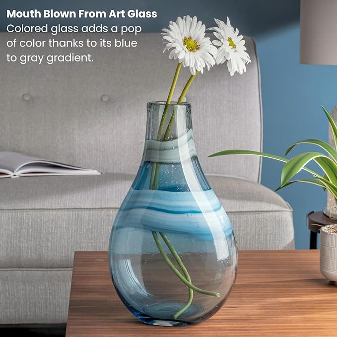 Blue Hand Blown Glass Vase 36cm Tall Modern Coastal Table Centerpiece