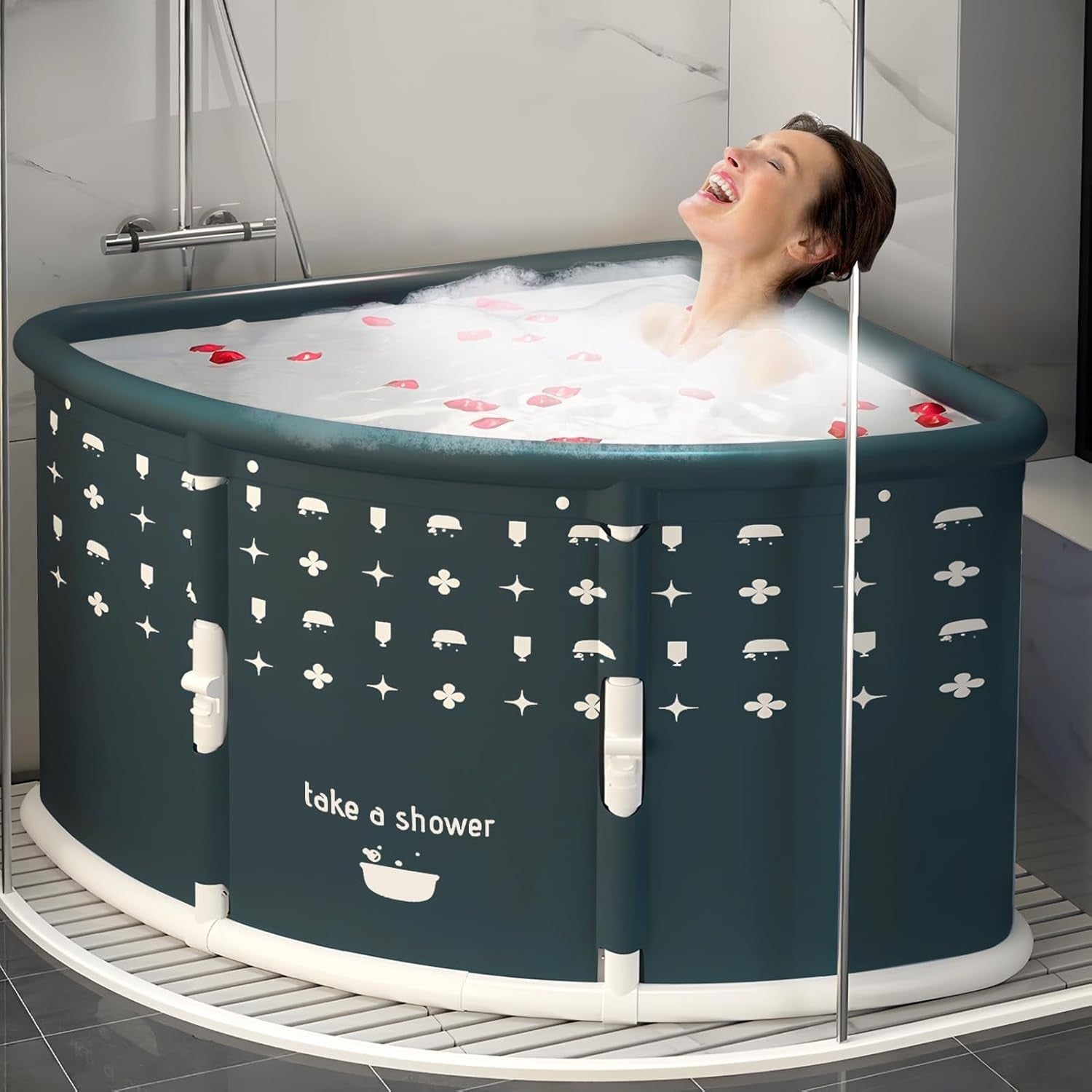 Fan-Shaped Foldable Bathtub Portable Adult Corner Tub Green