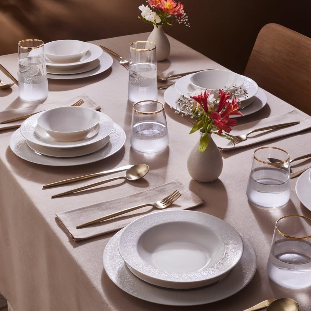 24pc Bone China Dinner Set White Plates Bowls Modern Tableware for 6