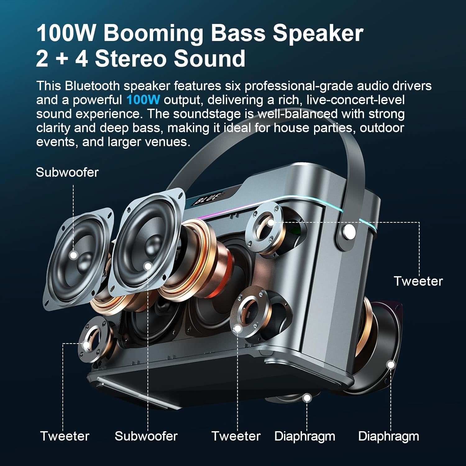 100W Bluetooth Karaoke Machine with 2 Wireless Mics & LED Lights