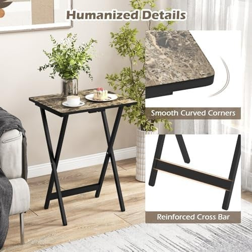 Set of 4 Folding Tray Tables with Rack Portable Faux Marble TV Snack Tables