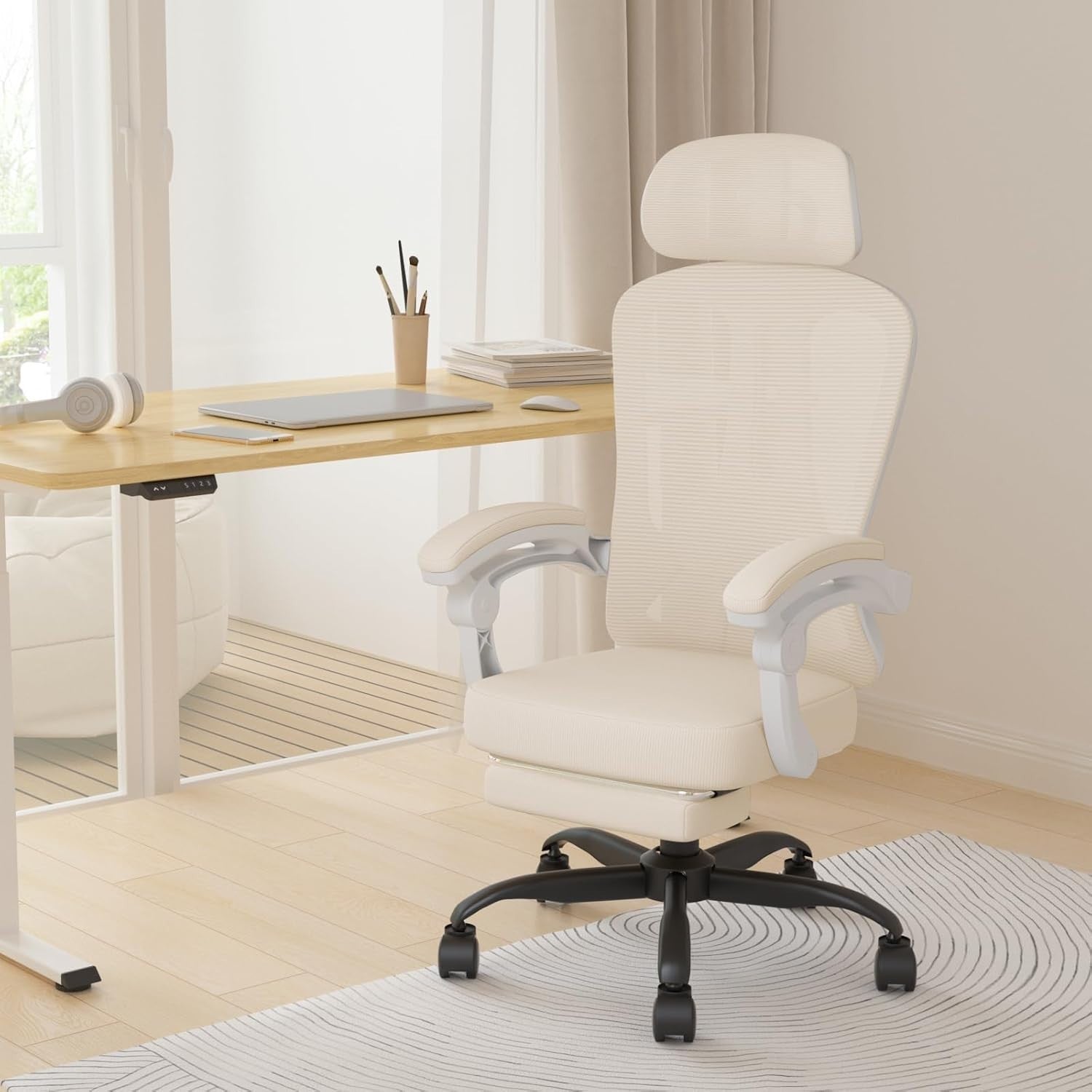 Ergonomic Office Chair Mesh Swivel Desk Chair Reclining Footrest Beige