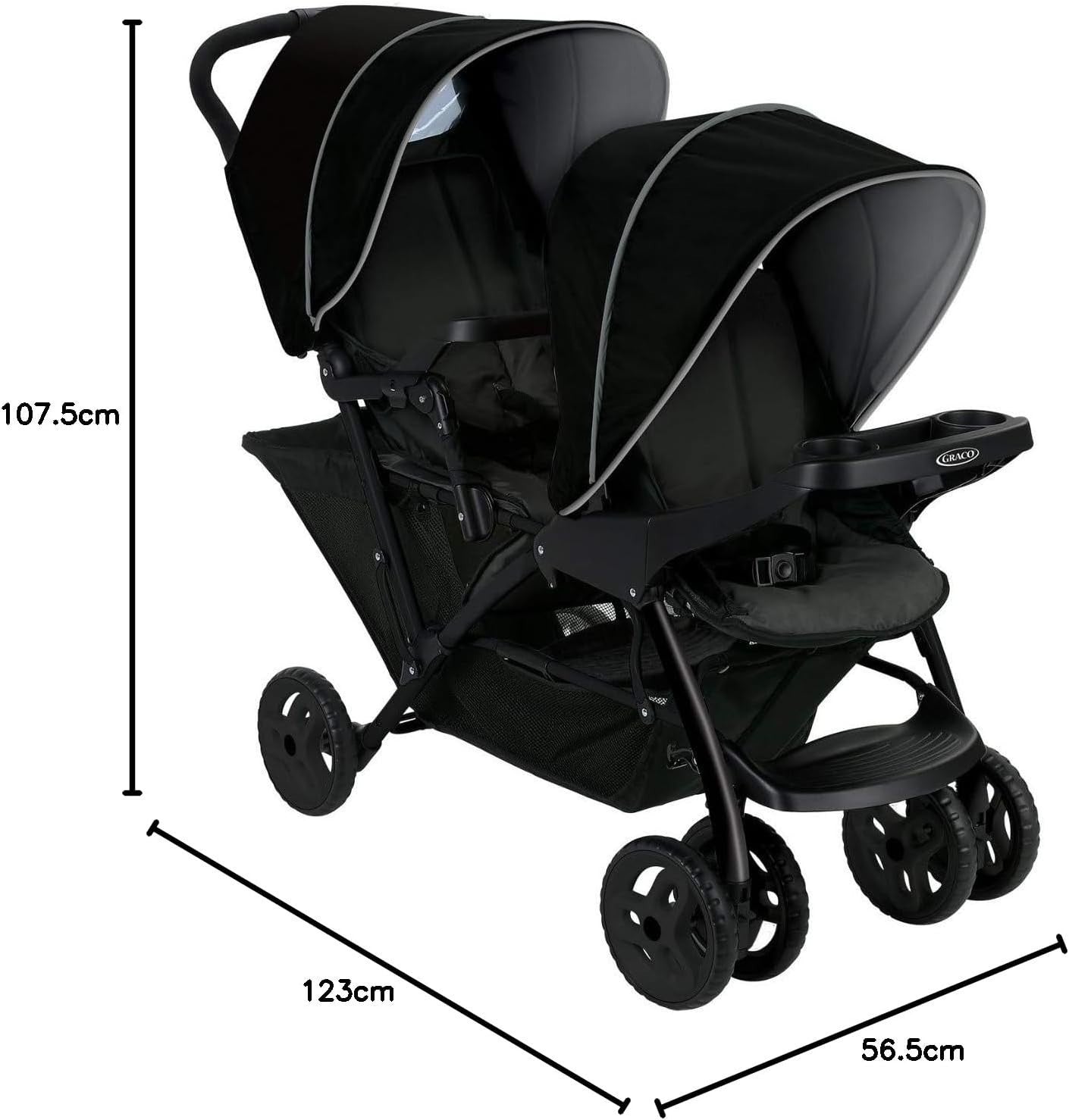 Tandem Double Pushchair from Birth, One-Hand Fold, Recline Seats, Black