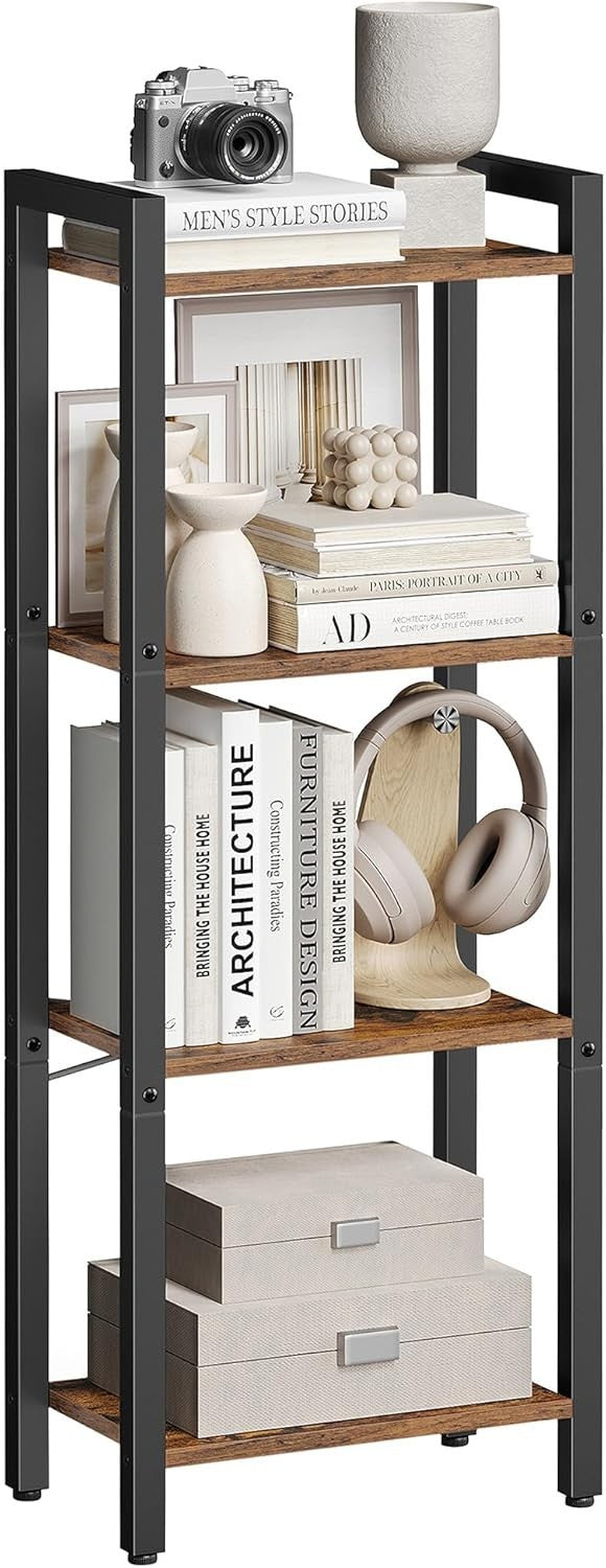 4-Tier Industrial Bookcase Rustic Brown – Compact Narrow Ladder Shelf Unit