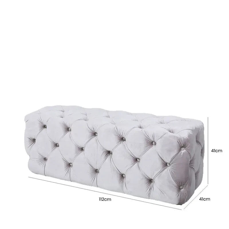 Silver Velvet Tufted Bedroom Bench Long Ottoman End of Bed Seat 112cm