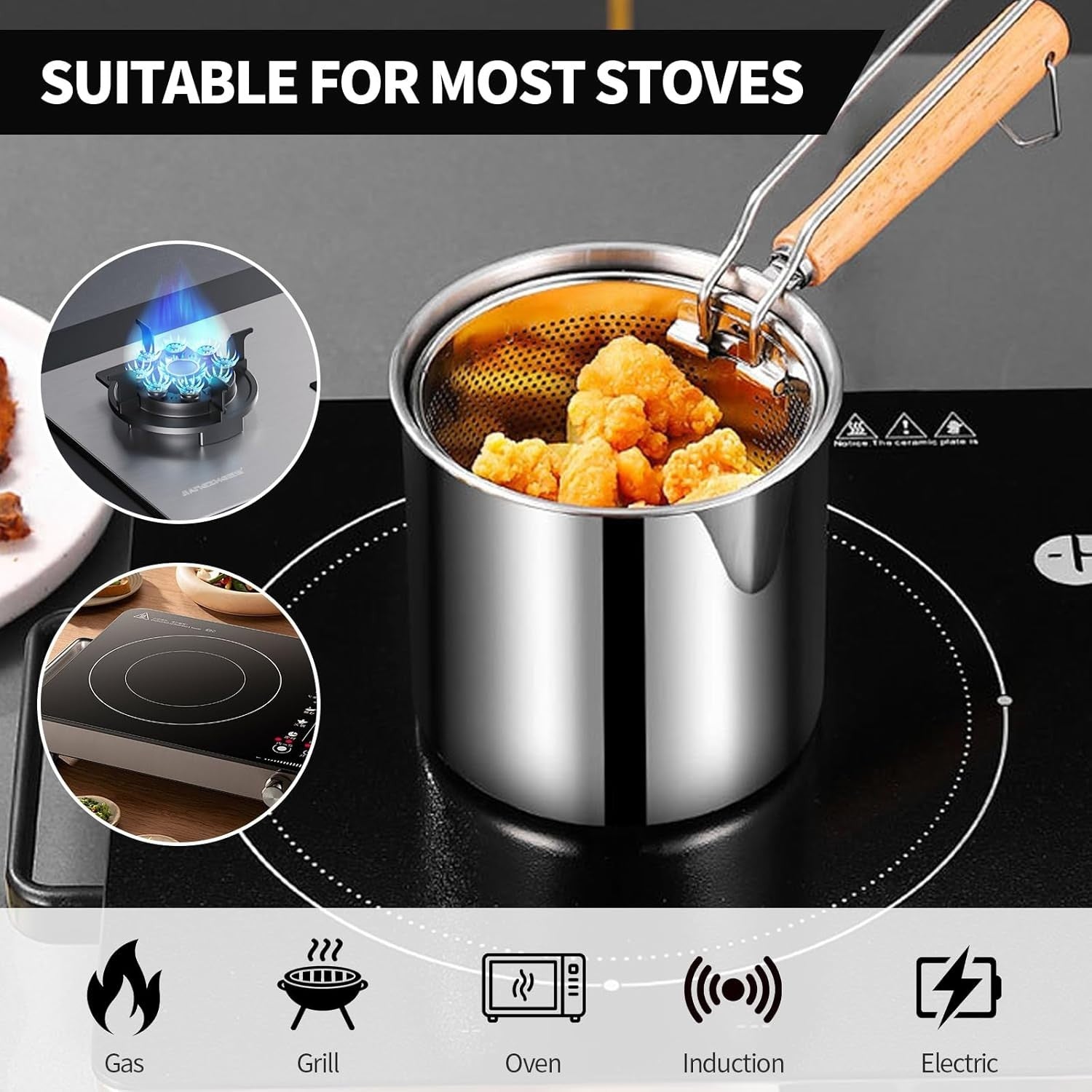 304 Stainless Steel Deep Fat Fryer Pot Set With Basket Lid Steamer