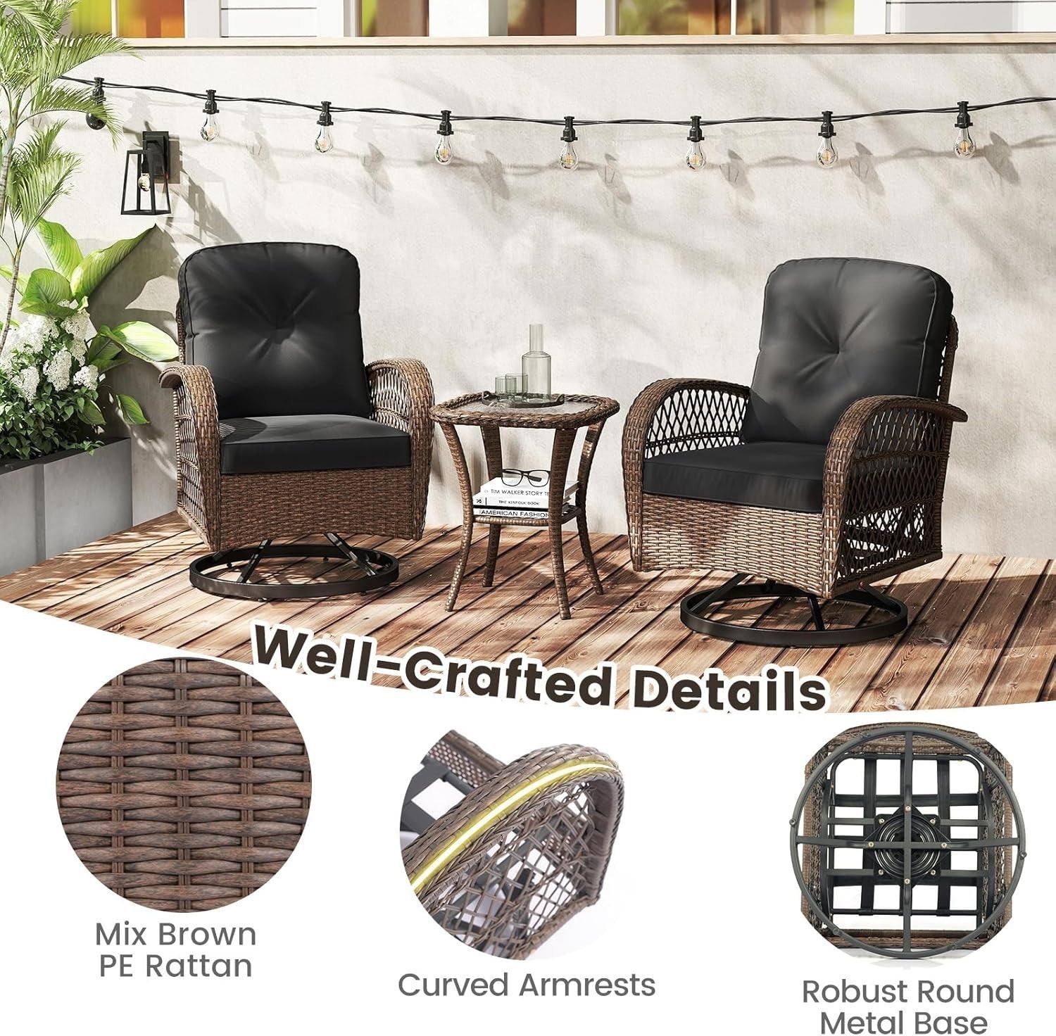 3pc Rattan Bistro Set Garden Swivel Rocking Chairs & Glass Table Outdoor