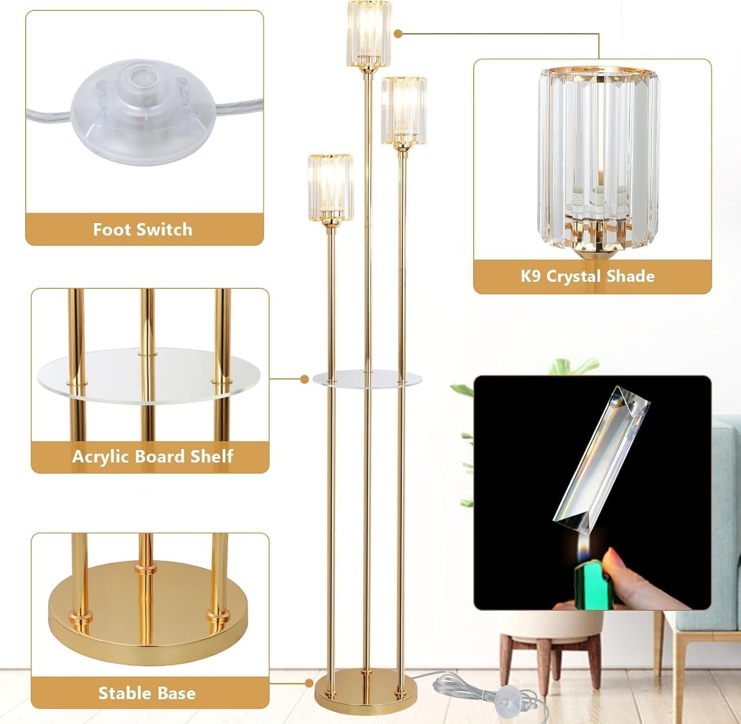 Modern 3-Light Floor Lamp with Glass Shades & Shelves – Living Room, Office