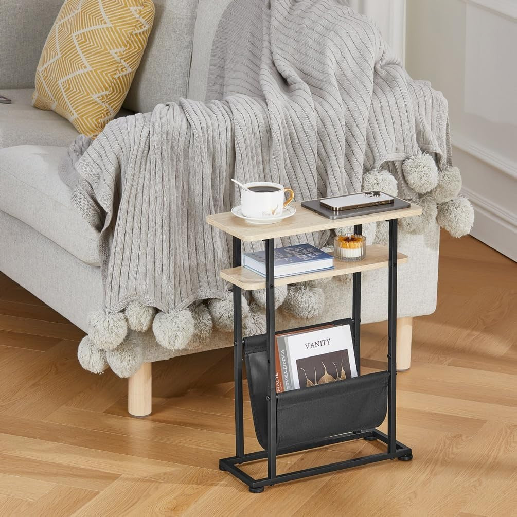 Slim Oak Side Table with Magazine Holder & Adjustable Feet 18x42x55cm