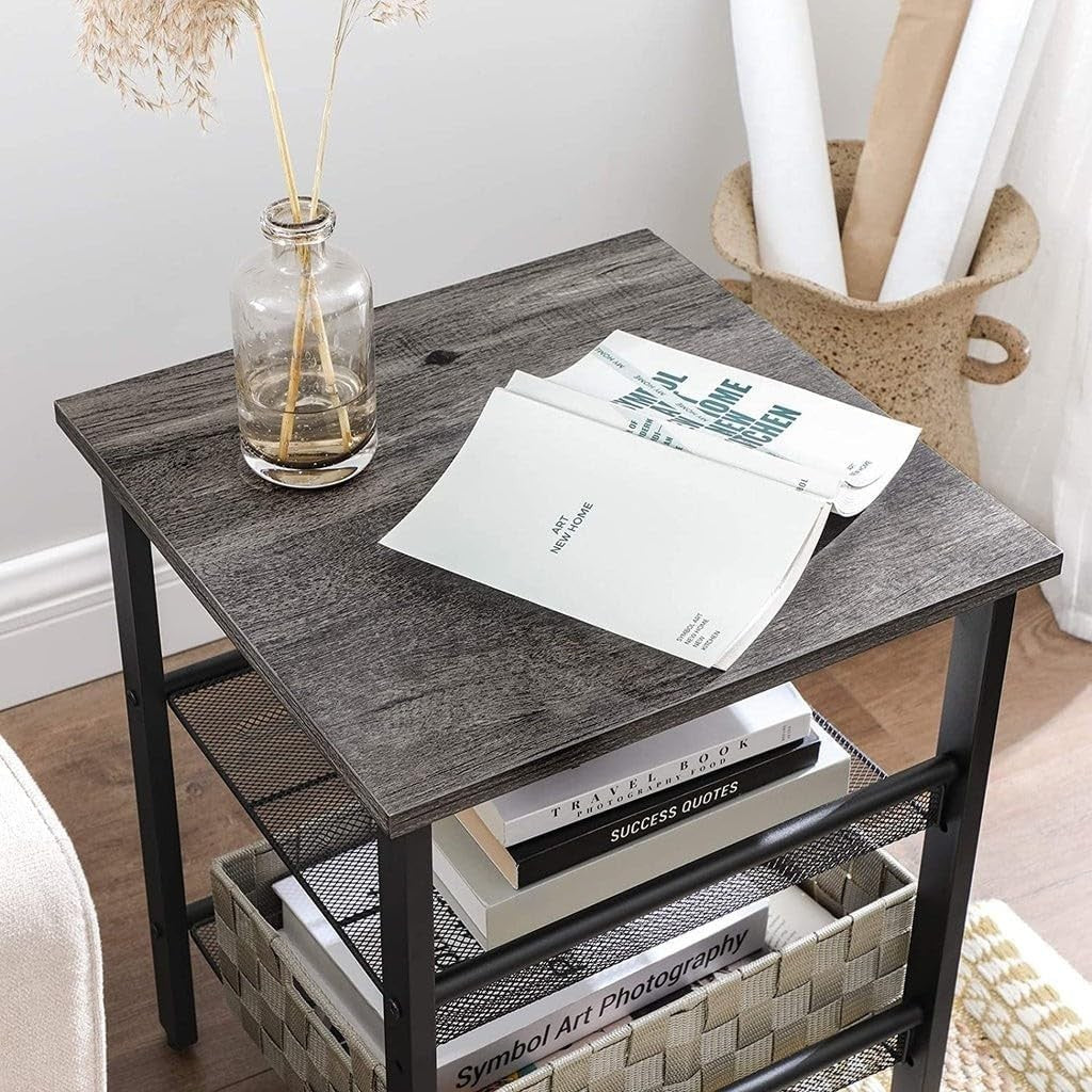 Set of 2 Industrial Bedside Tables with Adjustable Mesh Shelves, Charcoal Grey