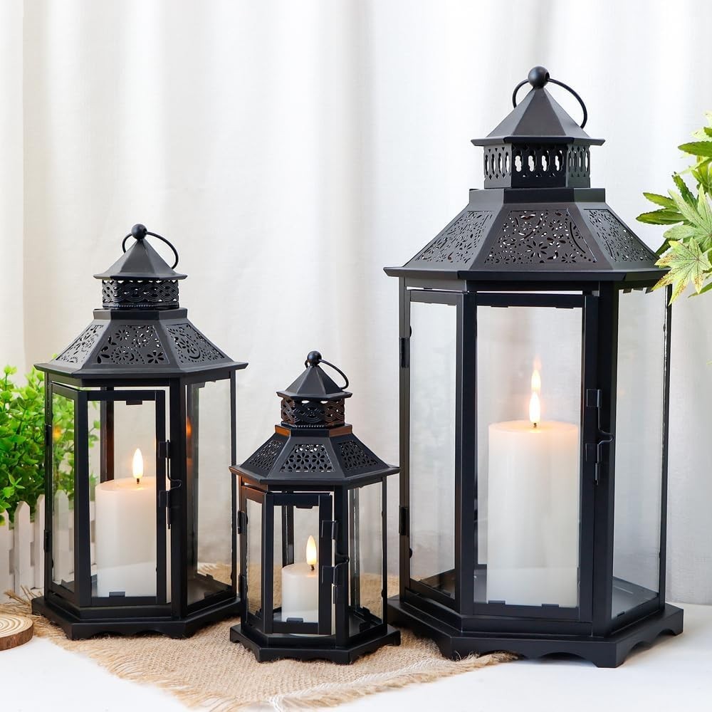 Set of 3 Black Metal Candle Lanterns Indoor Outdoor Decor