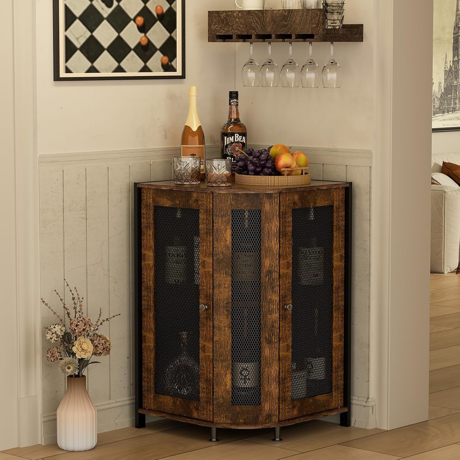 Industrial Corner Wine Cabinet with Storage Shelves, 3-Tier Bar Unit, Rustic