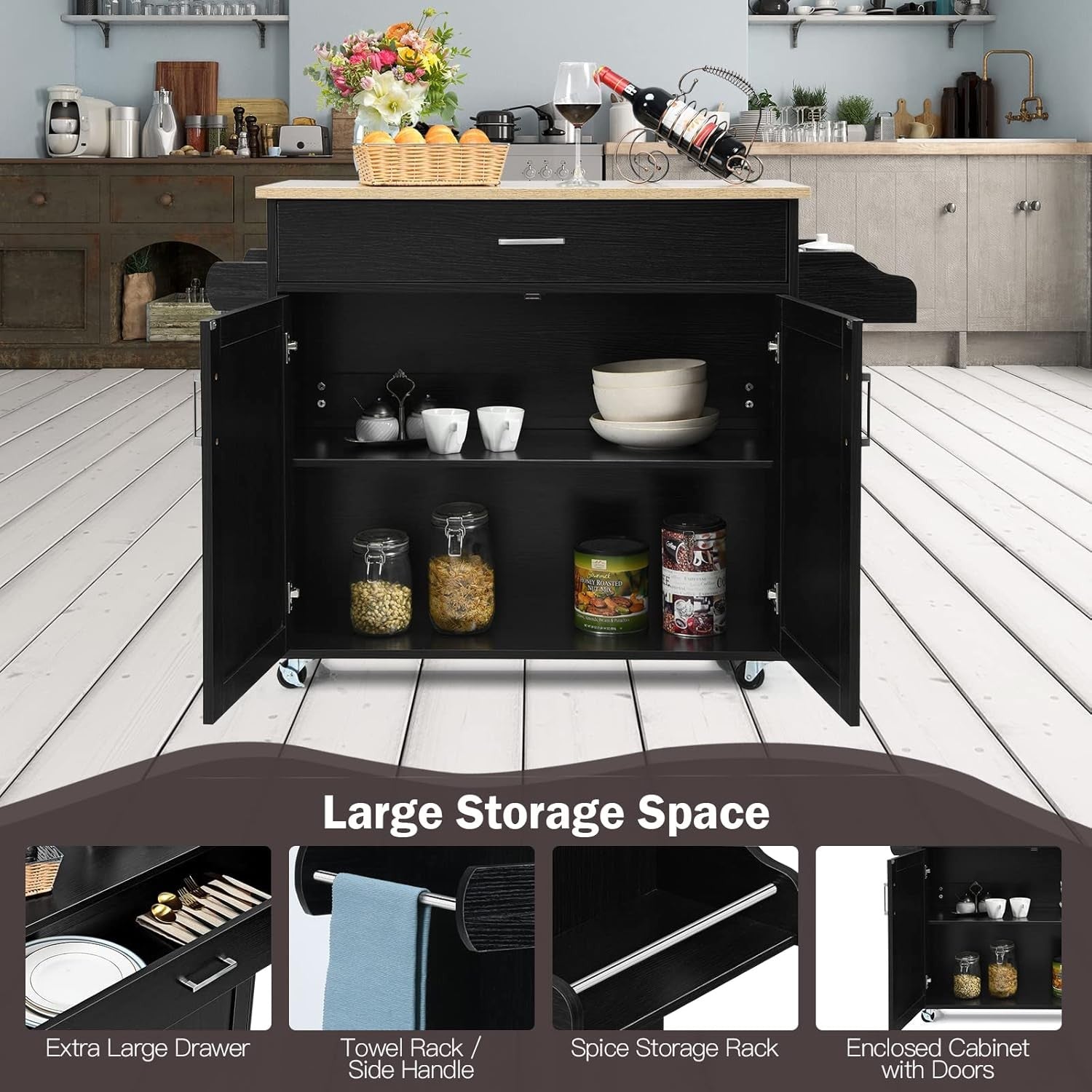 Kitchen Island Trolley on Wheels Storage Cabinet Drawer Worktop