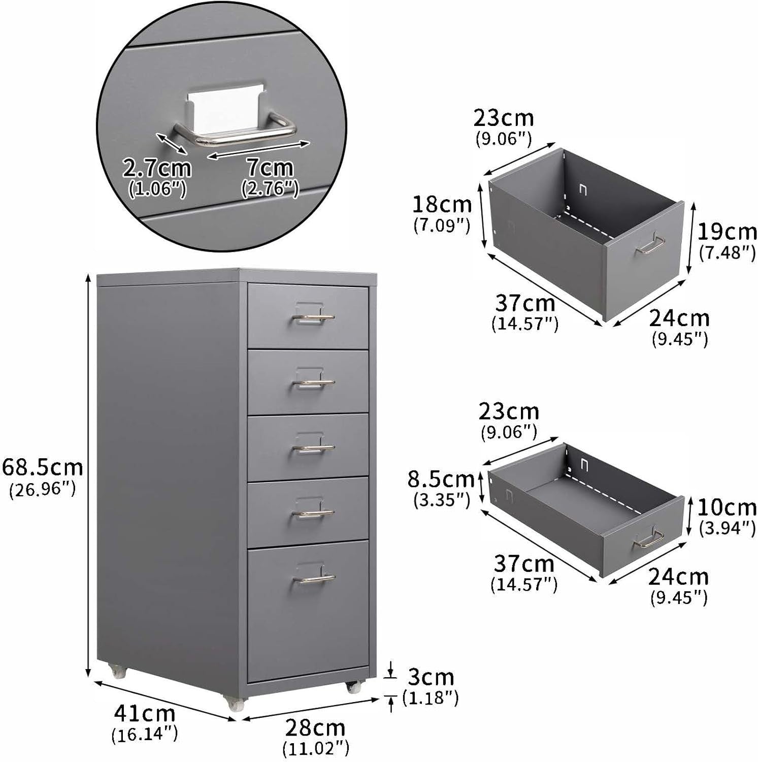 Grey Steel Rolling Drawer Cabinet 5 Tier Mobile Home Office Storage