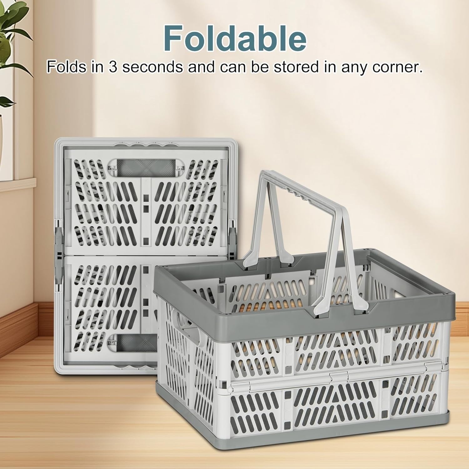 2 Pack 30L Folding Plastic Storage Crates Stackable Collapsible Grey