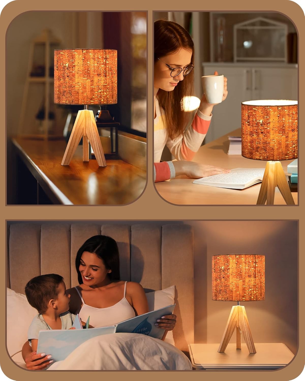 Wood Tripod Table Lamp Bedside Desk Light Fabric Shade Reading Bedroom Office