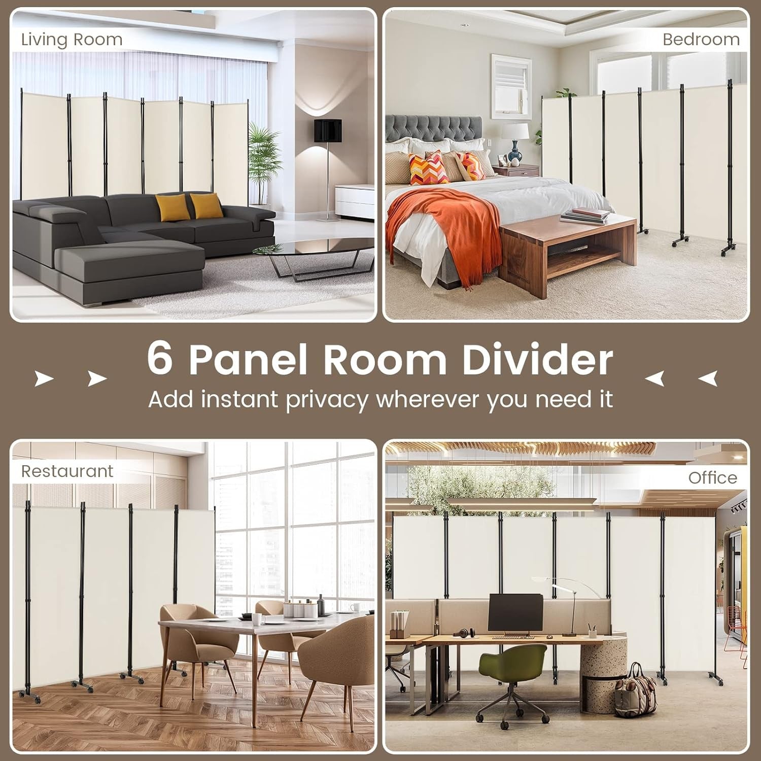 6 Panel White Folding Room Divider Privacy Screen Metal Frame 335x172cm
