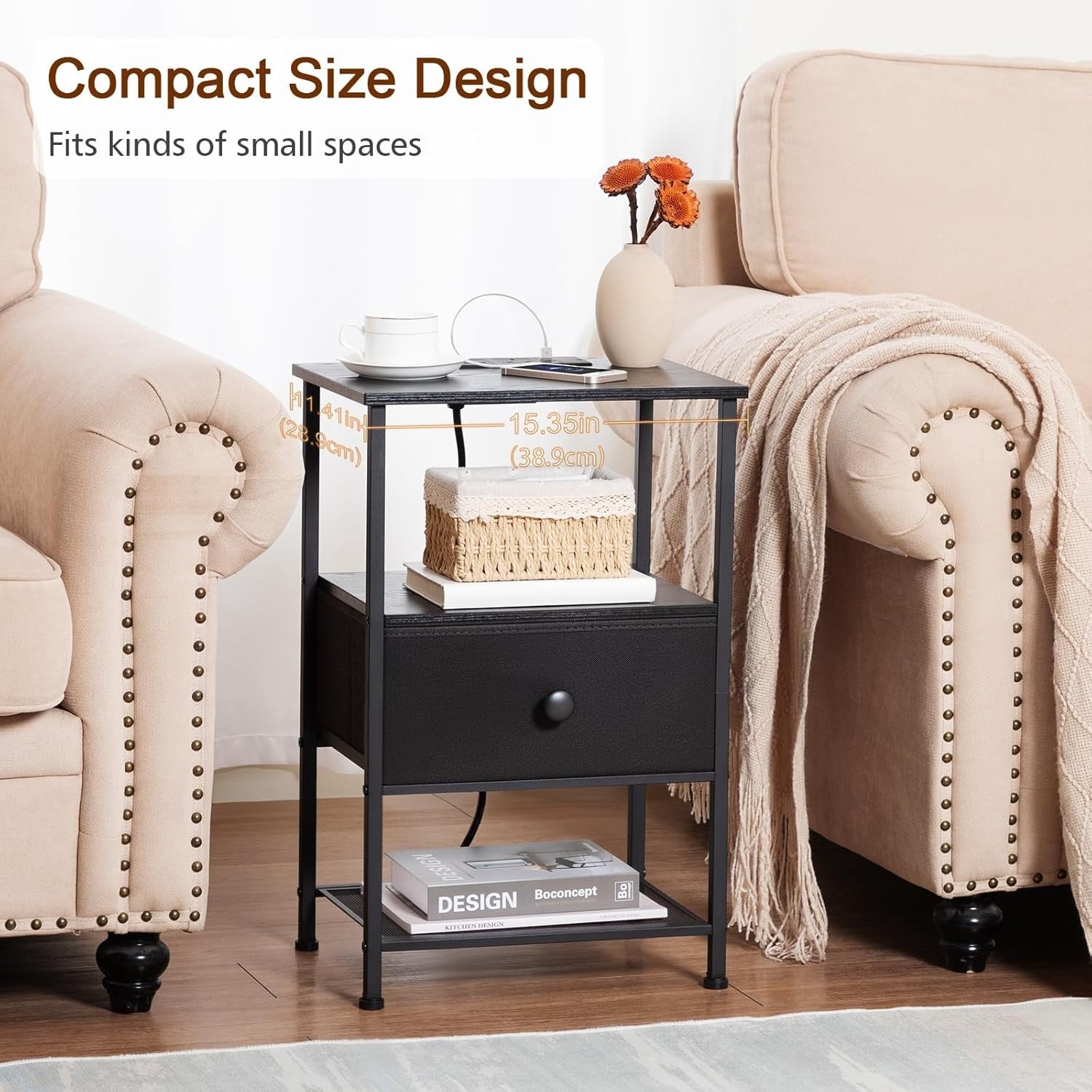 Set of 2 Bedside Tables with Charging Station, Fabric Drawer & Storage Shelf