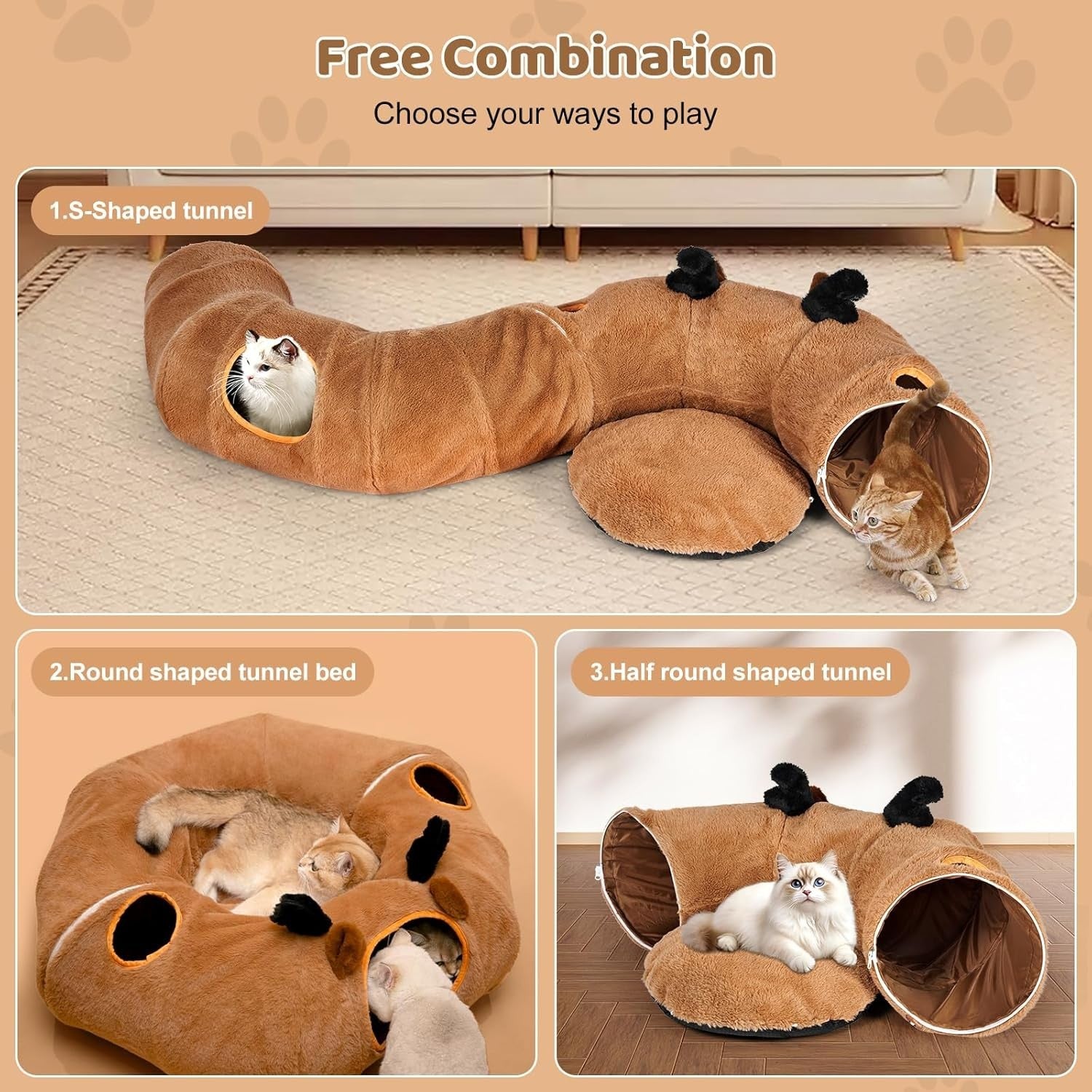 Cat Tunnel Bed Foldable Donut Play Tunnel w Peek Holes & Toy Set
